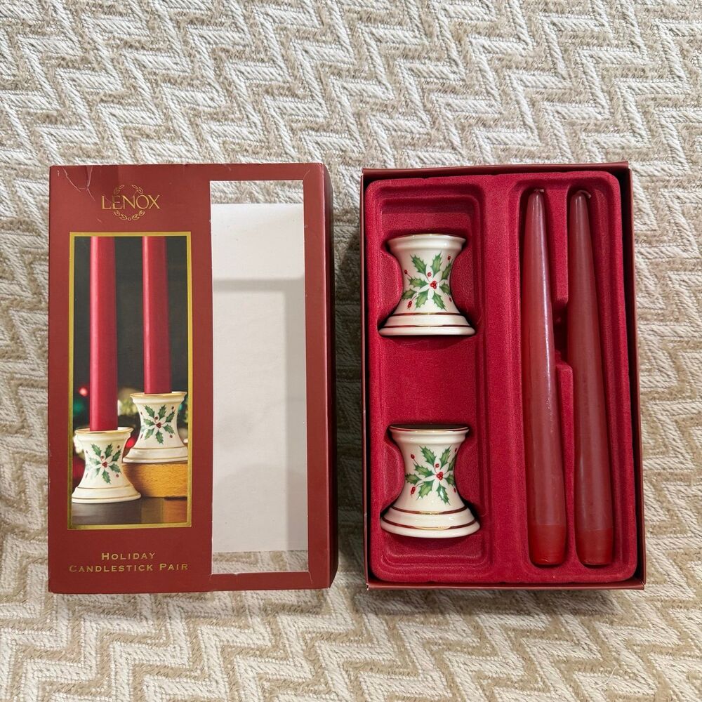 Lenox Holiday Candlestick Pair with 8” Taper Candles Holly Berry